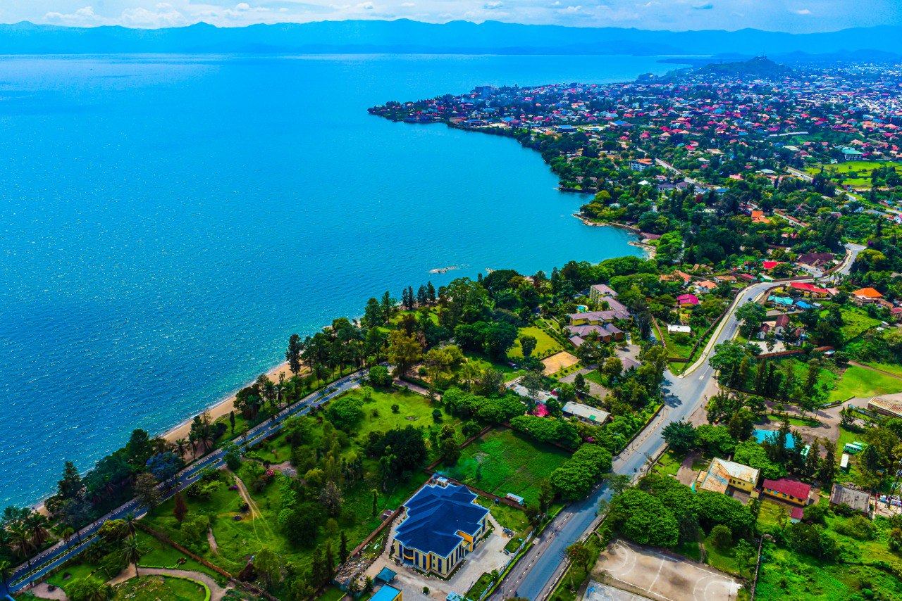 Aerial view of a lakeside town